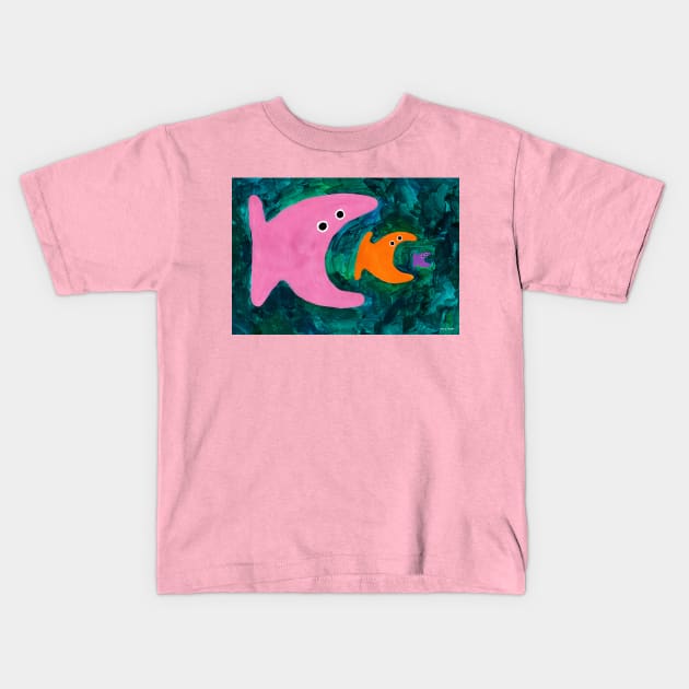 Fish Eat Fish Kids T-Shirt by drawingintheforest